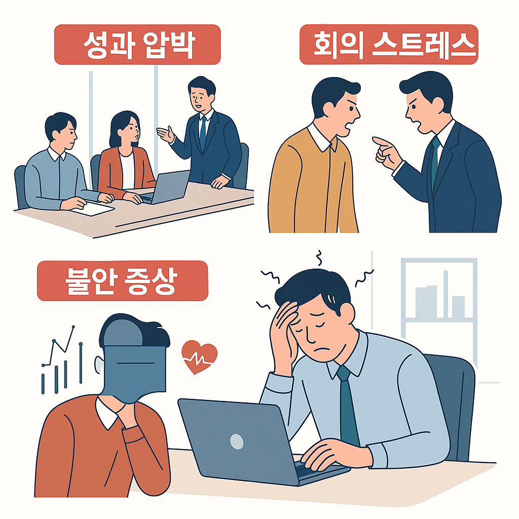 성과 압박과 직장 스트레스로 인한 불안 표현 이미지