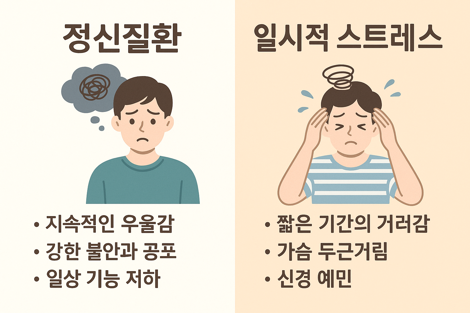 스트레스와 정신질환의 신체적·행동적 차이 인포그래픽