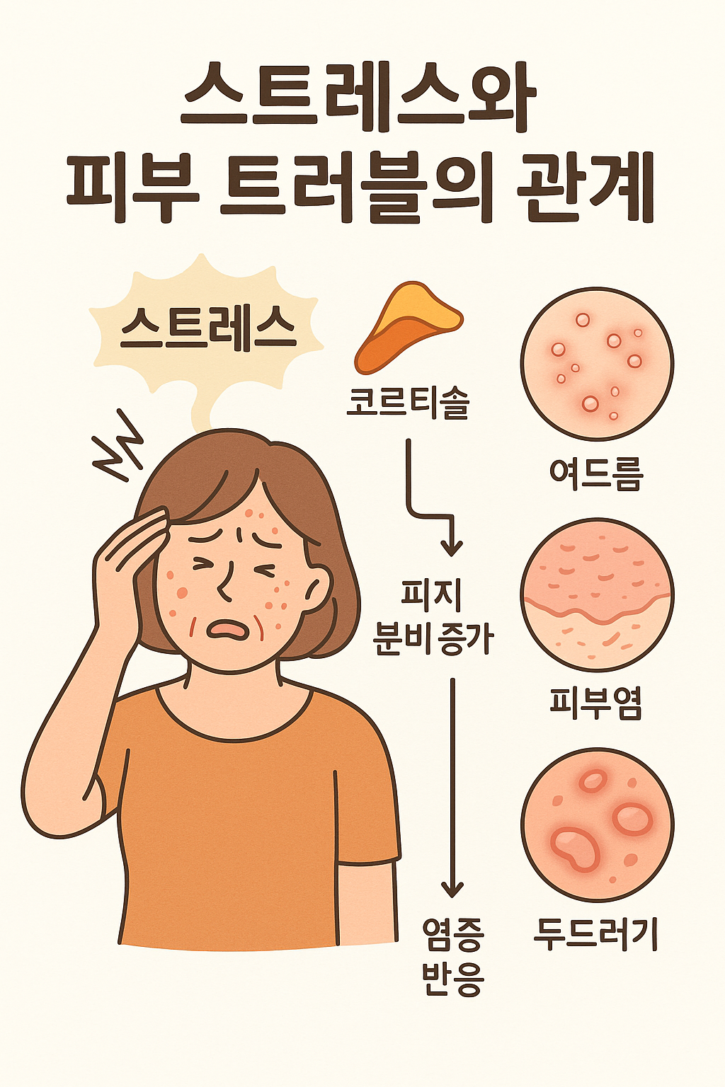 스트레스와 피부 트러블의 관계를 설명하는 일러스트