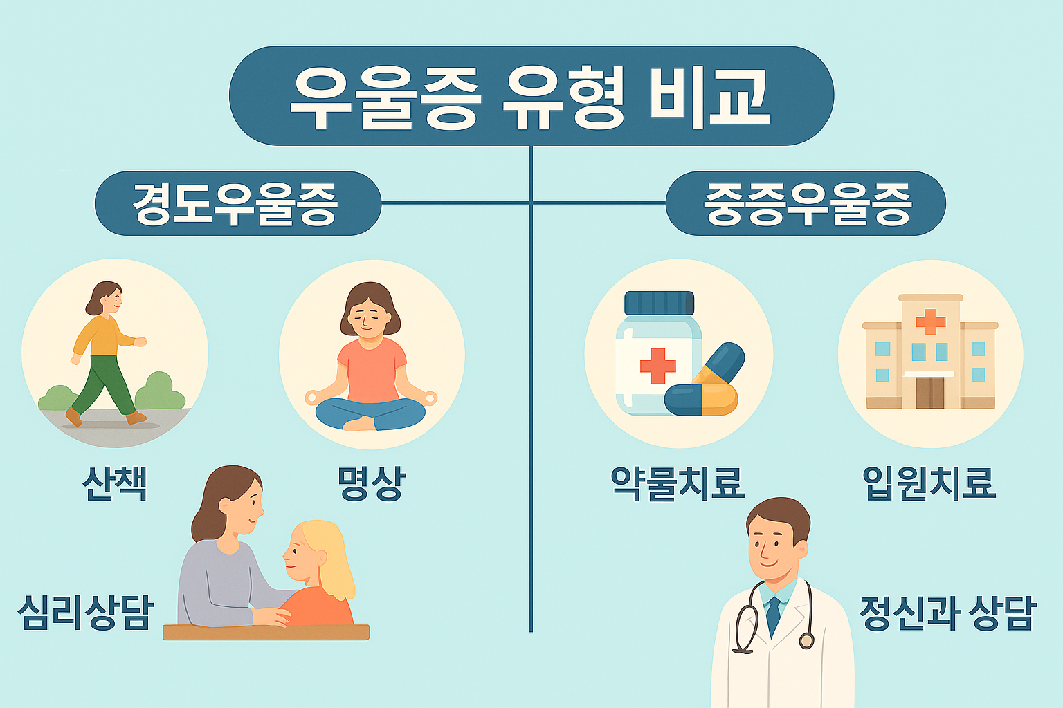 경도우울증과 중증우울증 치료법 비교 흐름도