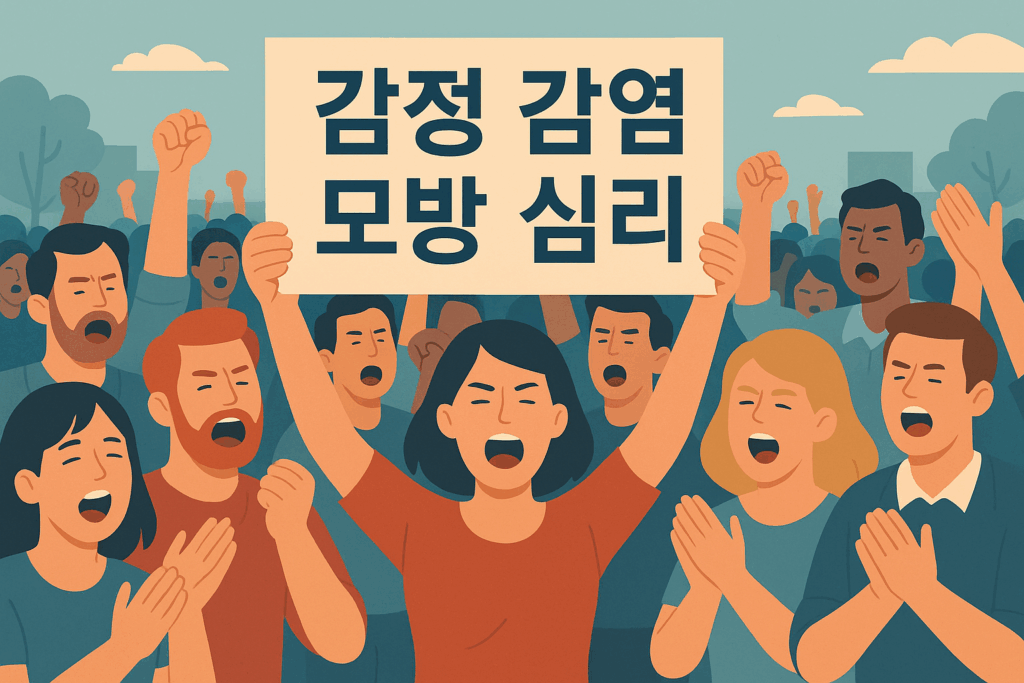 군중 속 감정 감염과 모방 심리를 표현한 이미지