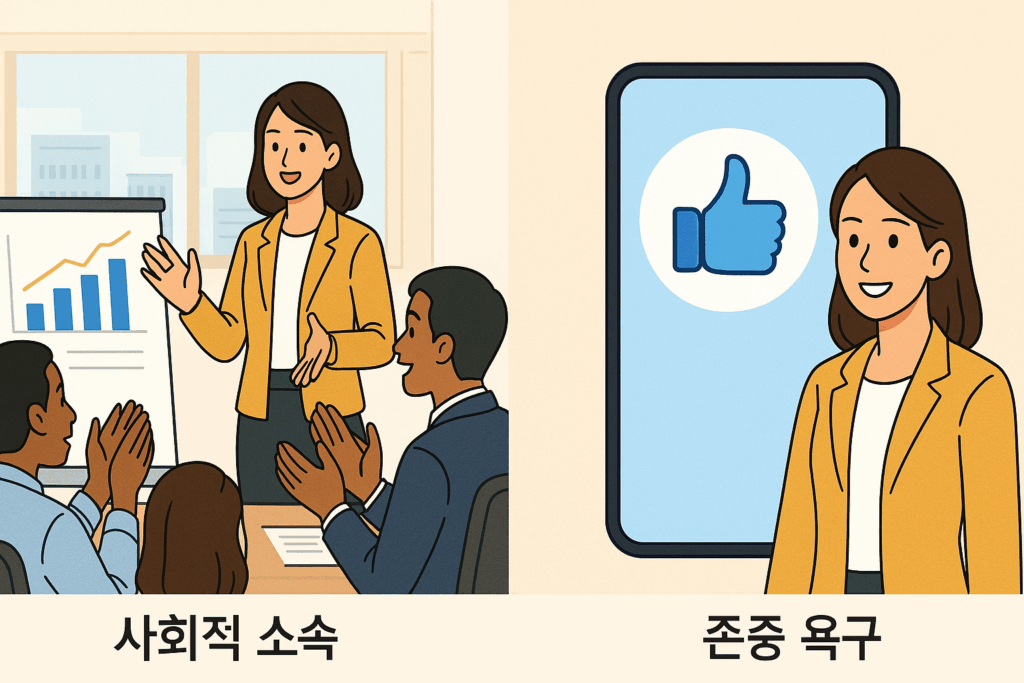 소속 욕구와 존중 욕구를 나타내는 직장과 SNS 예시 이미지