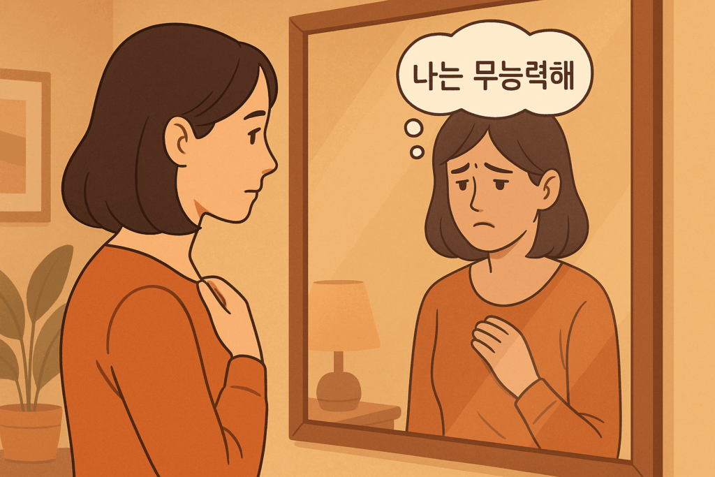 인지 왜곡으로 자책하는 여성 일러스트